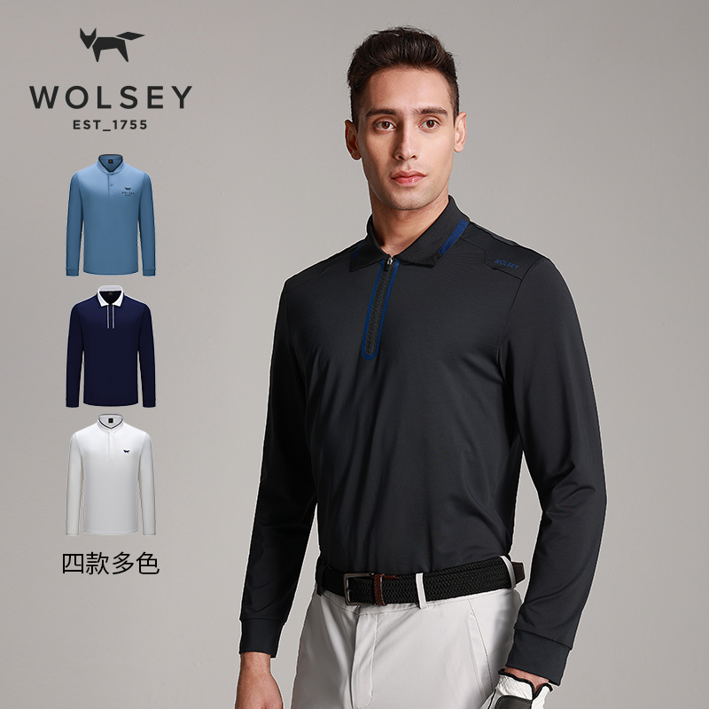 Wolsey春季新品男士高尔夫速干polo衫商务休闲长袖棉T恤翻领上衣