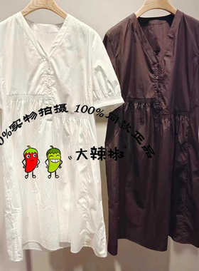 BDR3LD3252商场高级感不对称设计收腰A字裙通勤V领短袖连衣裙浅月