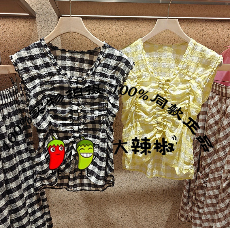 BDT2HD1871衣播女装新款复古格纹V领修身文艺无袖衬衫素韵格影