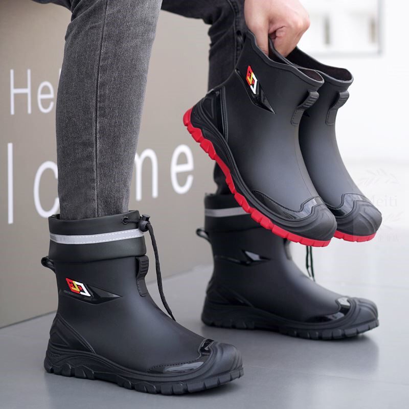 束口雨鞋男款中筒加绒加厚防滑防水雨靴钓鱼胶鞋耐磨工作保暖水鞋