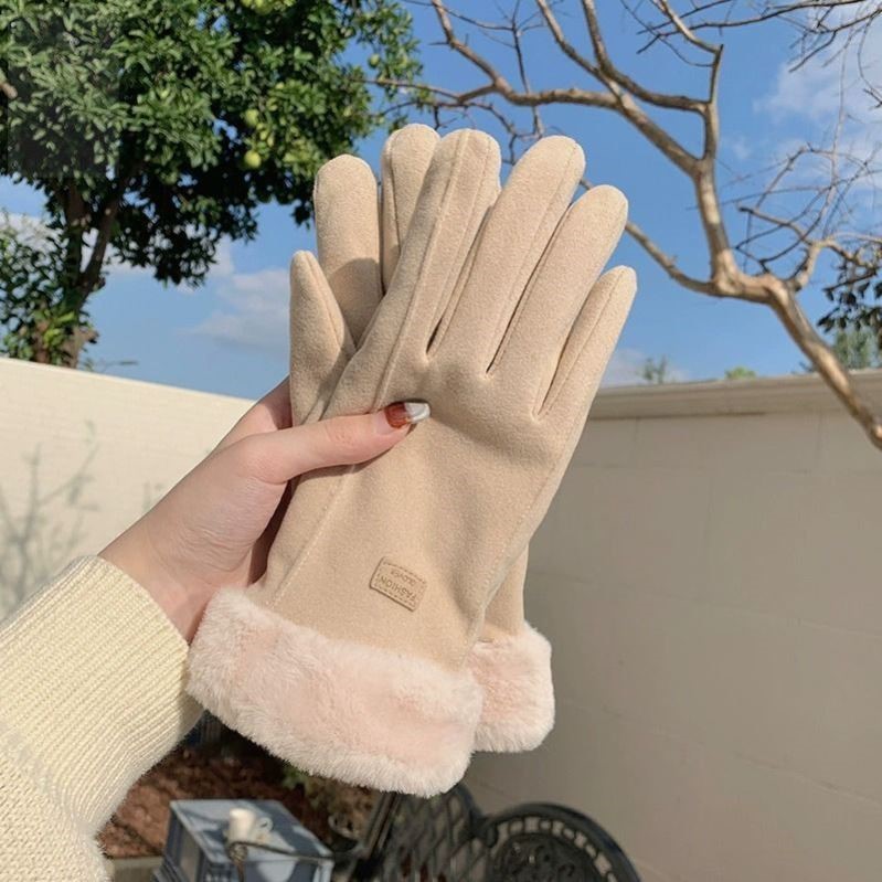 毛口加绒手套冬天女士加绒保暖可爱防滑骑行手套防寒防风触屏德绒