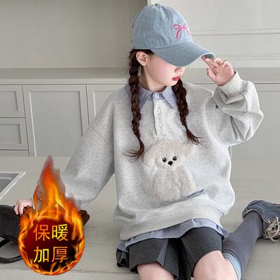 女童装加绒卫衣秋冬款POLO领上衣