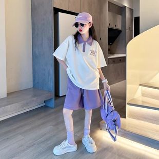 女童夏装短袖套装韩版运动时髦女大童装夏季学院风上衣短裤两件套