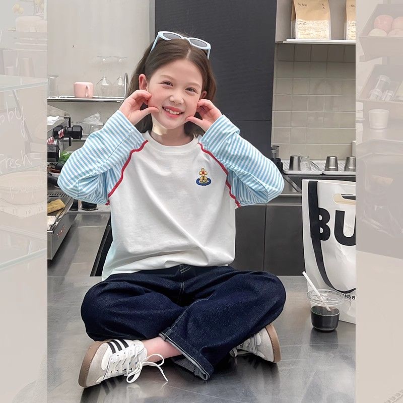 女童长袖T恤春秋装条纹打底衫潮T