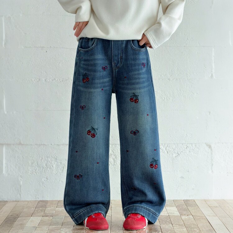 女童洋气加绒加厚牛仔裤直筒裤冬