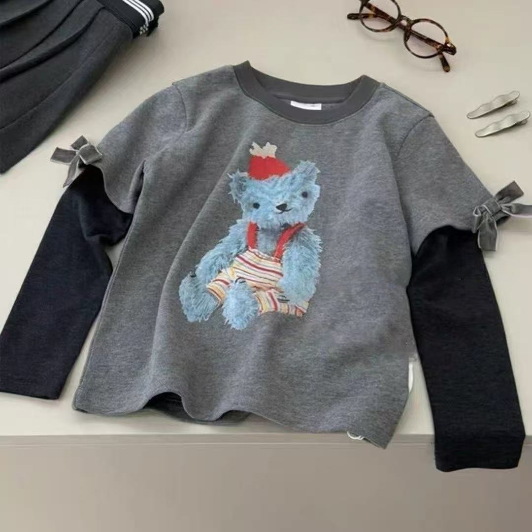 女童卡通小熊磨毛假两件长袖T恤