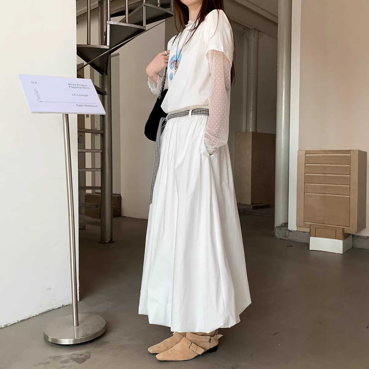 薇颂春季新款女装十三行韩代平替过膝大摆白色花苞半身裙a字裙子