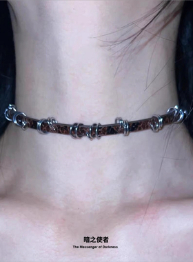 y2k千禧辣妹裂纹皮带choker项圈女亚文化朋克甜酷棕色项链锁骨链