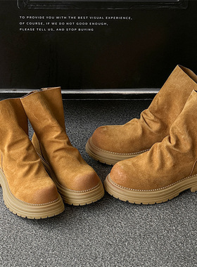 新款百搭女鞋气质黑色弹力瘦瘦靴堆堆靴圆头短靴厚底97223-J