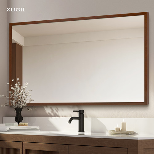 中古实木框浴室镜子上墙高清壁挂