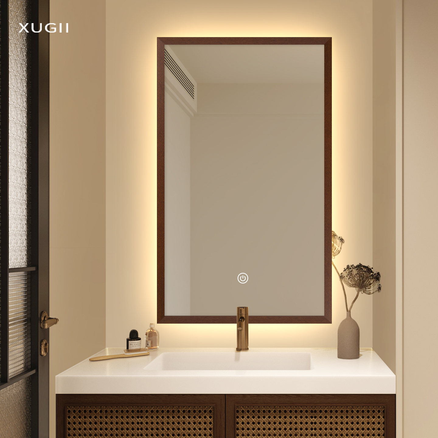 中古风竖款实木镜子卫生间带灯