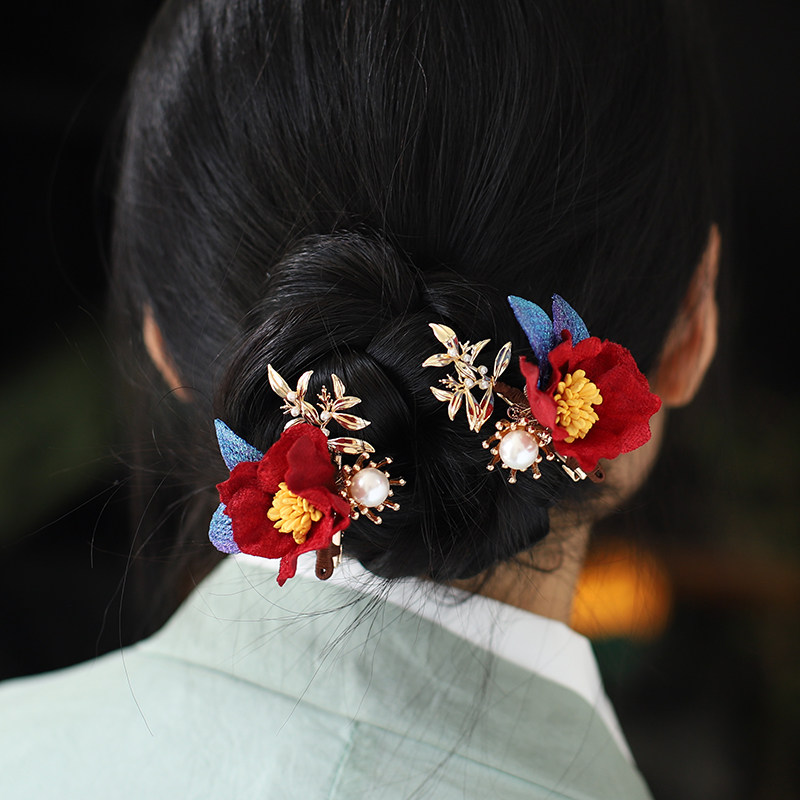 中式古典订婚发夹红花绒布花朵侧边夹复古旗袍头饰新娘结婚头饰女