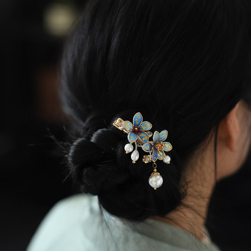 绒布掐丝古风花朵汉服发夹发饰步摇珍珠钗子唐风发饰古装边夹头饰