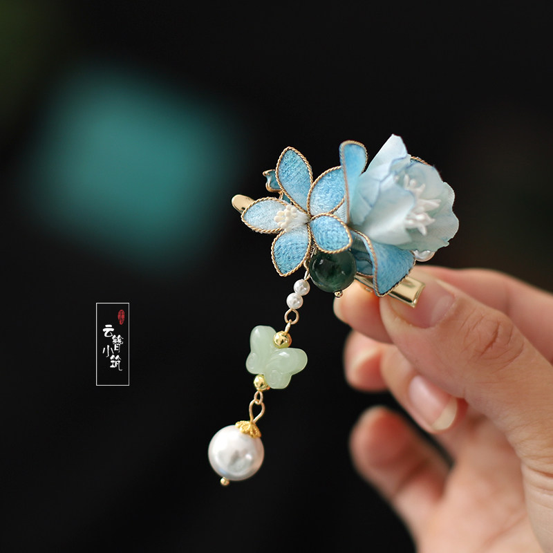 水仙花女童花朵古风汉服头饰蝴蝶流苏发夹中式侧边夹国风发饰配饰
