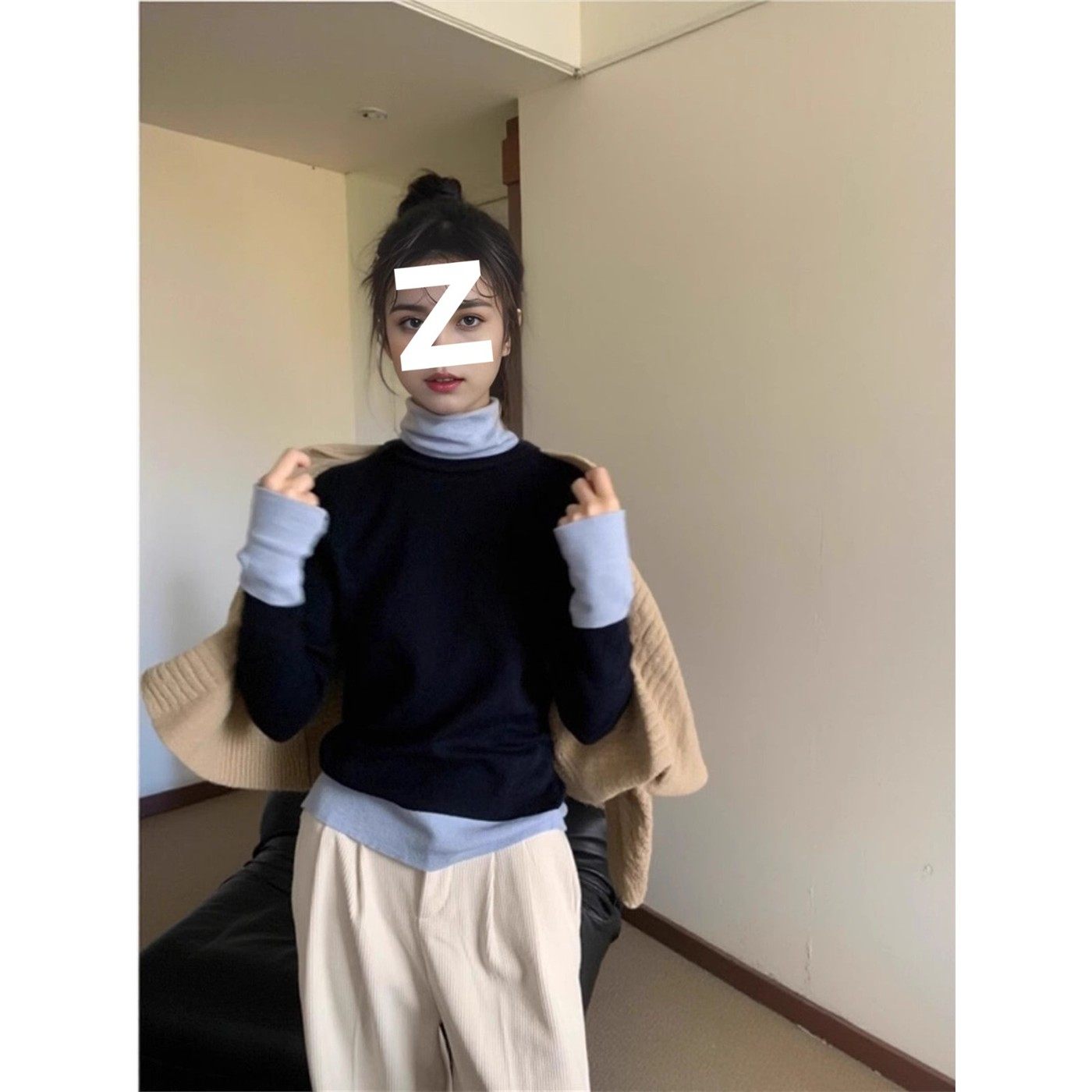 法式假两件高领修身打底