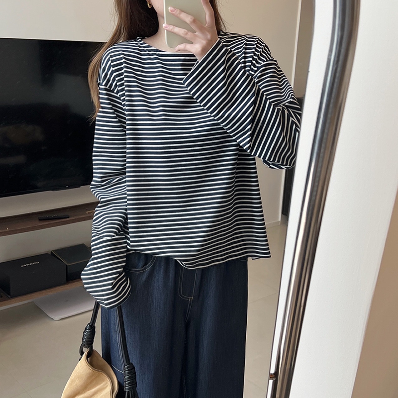 圆领上衣女2025春慵懒时髦宽松显瘦百搭细条纹长袖打底衫T恤