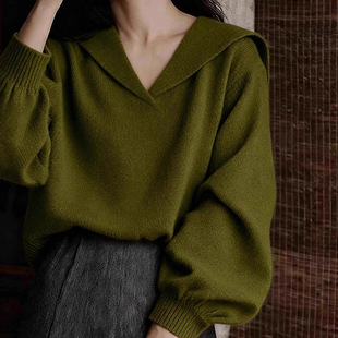 橄榄绿v领毛衣秋冬复古慵懒高级感上衣内搭可外穿宽松套头针织衫