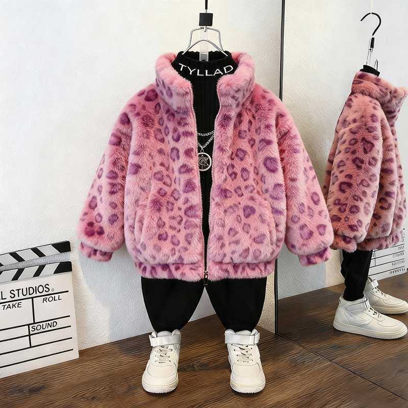 女童冬季豹纹毛毛外套2025新款秋冬款加绒加厚棉服立领甜美风开衫