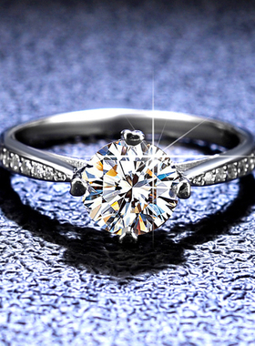 925纯银镀PT950 铂金戒指莫桑石指环女士戒子经典四爪皇冠求婚戒