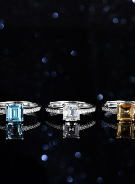 蓝托帕石925纯银镀PT950 铂金莫桑石戒指1克拉公主方正方异形女戒