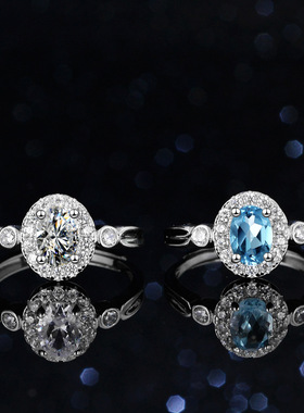 蓝托帕石莫桑石戒指女925纯银镀PT950 铂金1克拉扭线蛋形圆包异形