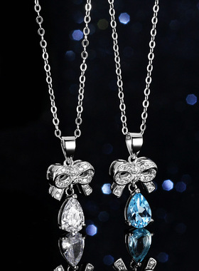 天然蓝托帕石项链吊坠925纯银镀PT950 铂金1克拉蝴蝶结水滴锁骨链