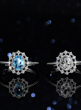 蓝托帕石925纯银镀PT950 铂金莫桑石戒指1克拉扭线蛋形圆包异形戒