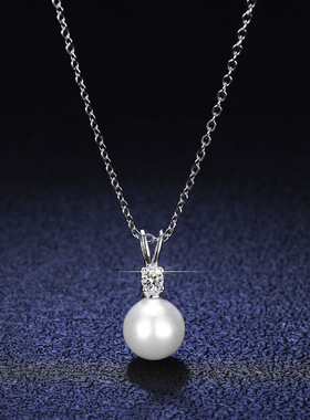 轻奢珠宝s925纯银饰莫桑石经典四爪项链镀PT950 铂金淡水珍珠吊坠