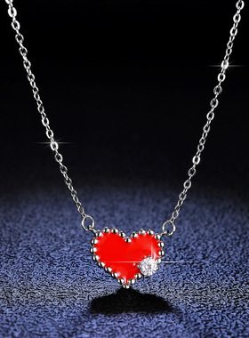 s925纯银镀PT950 铂金吊坠1克拉莫桑石项链女珐琅心型桃心锁骨链