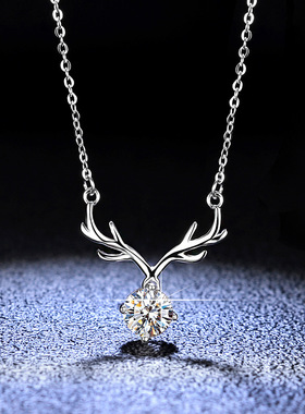 S925银吊坠莫桑石镀PT950 铂金项链女款一路有你鹿角ins时尚饰品