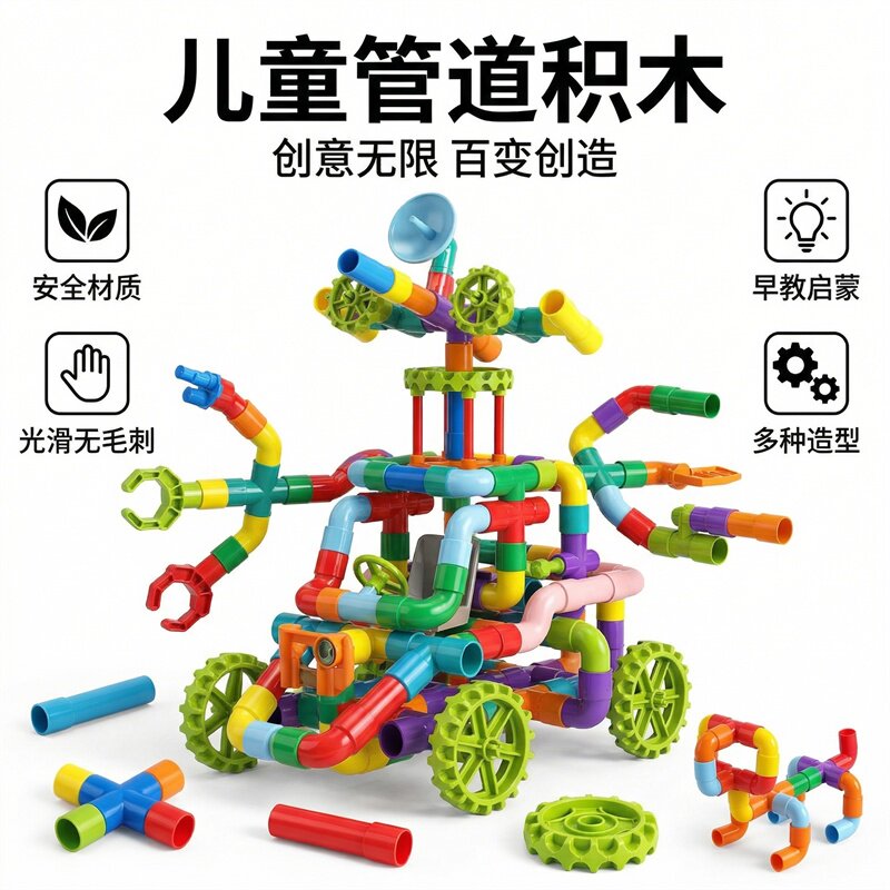 儿童水管积木diy早教水塑料男孩女孩接插拼装3益智玩具大颗粒