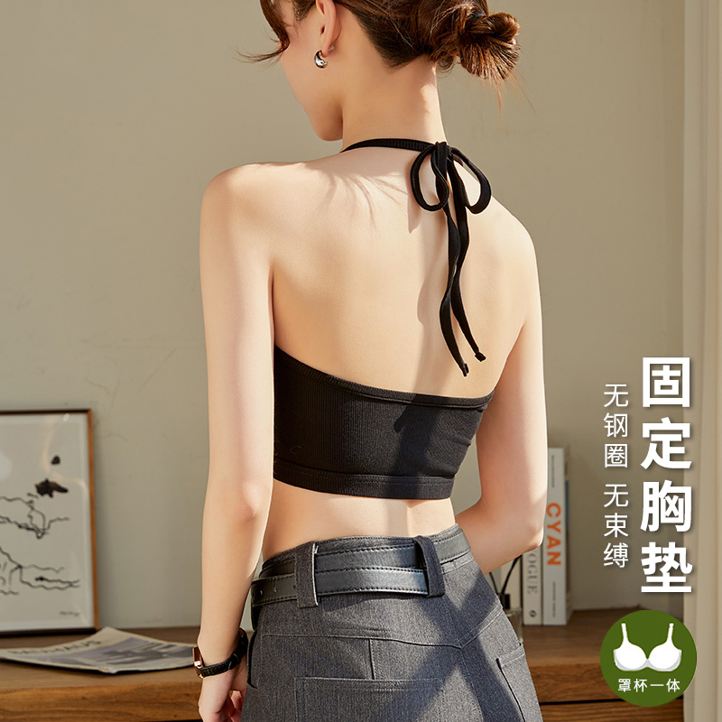 后背绑带挂脖子女大露背可外穿带胸垫文胸一体抹胸背心小吊带内衣
