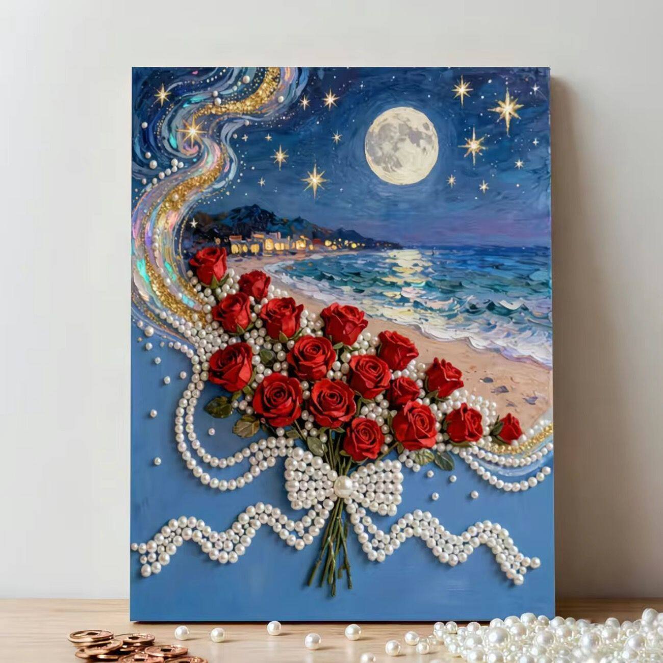 樱花珍珠画珍珠画diy海边玫瑰系列手工贴画粘钻石立体装饰画儿童