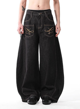 刺绣设计感丹宁原色牛仔裤男女美式复古baggy阔腿弯刀裤子情侣