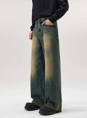 四季跑量款韩版A型直筒牛仔裤男潮牌宽松阔腿拖地长裤子