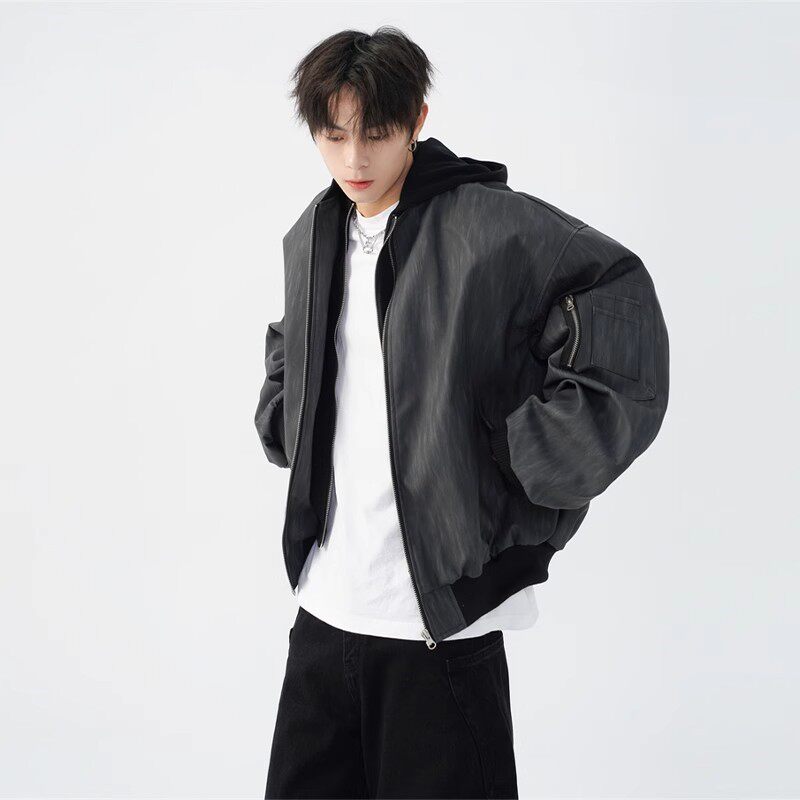 美式复古男春秋宽松PU皮棒球夹克