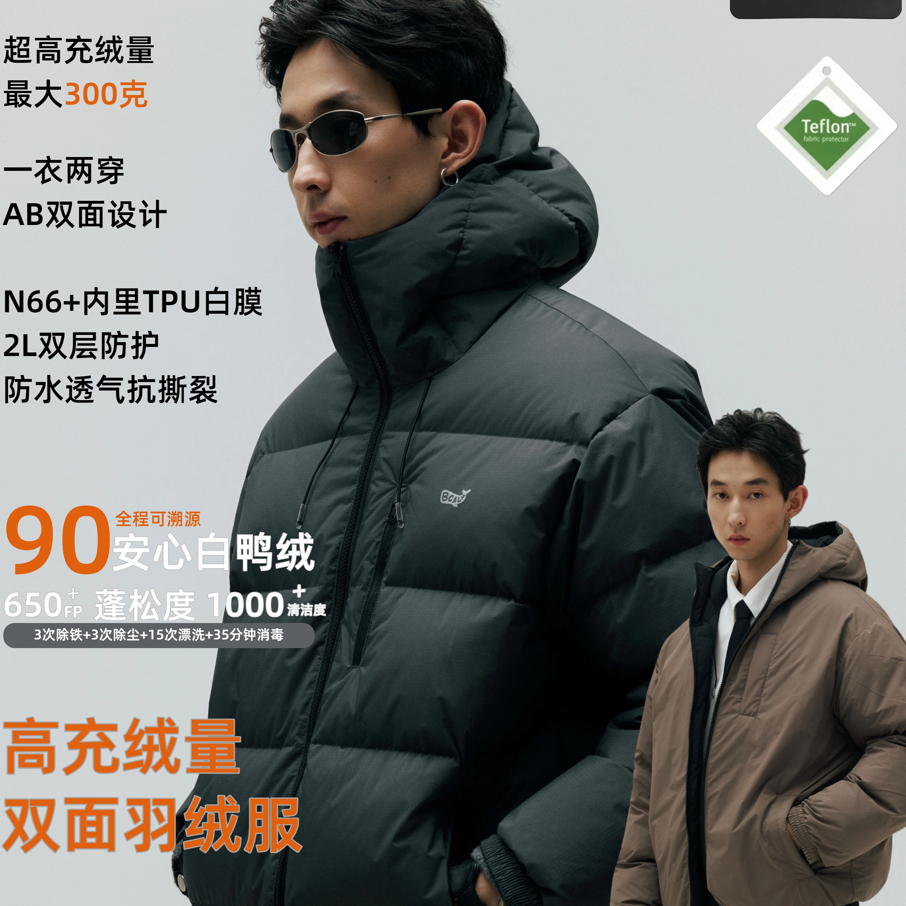 BCALM【羽绒服】冬季高充绒量90白鸭绒加厚防水N66双面穿外套男,男装,羽绒服,淘宝优惠券,粉丝福利购,淘宝优惠卷
