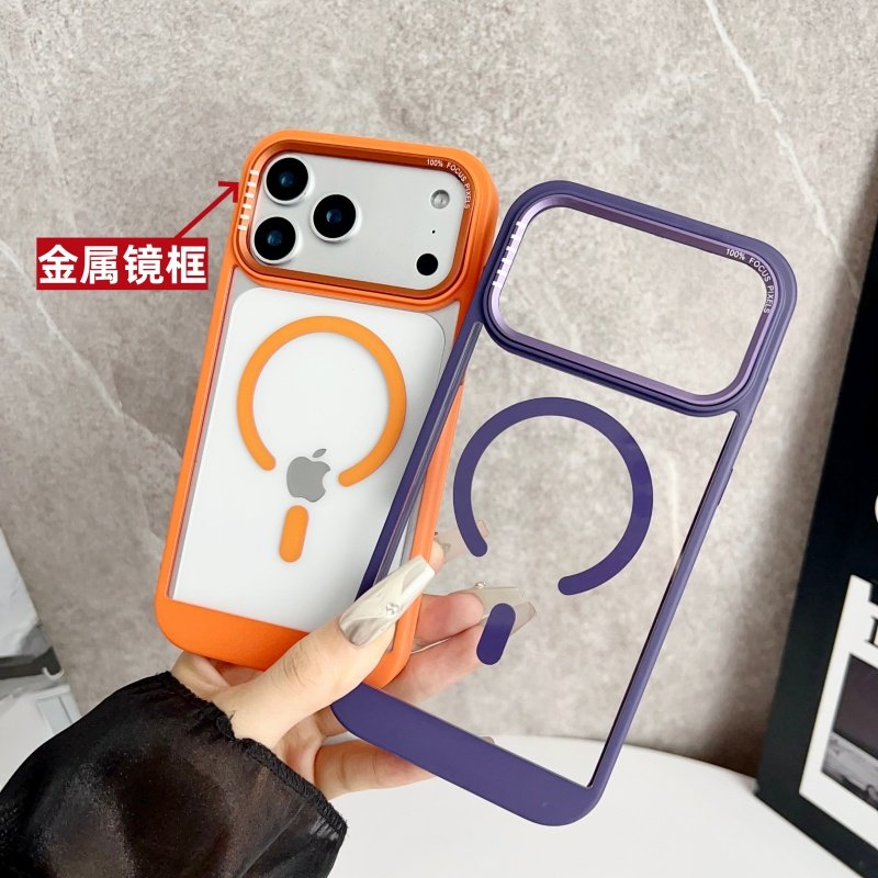 五金镜框大孔磁吸适用苹果17promax手机壳磨砂肤感iPhone16ProMax透明14pro高级感15全包防摔12超薄侧边透气