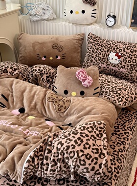 可爱ins黑皮KT猫咪毛巾绣牛奶绒四件套冬天加厚珊瑚绒三件套床笠