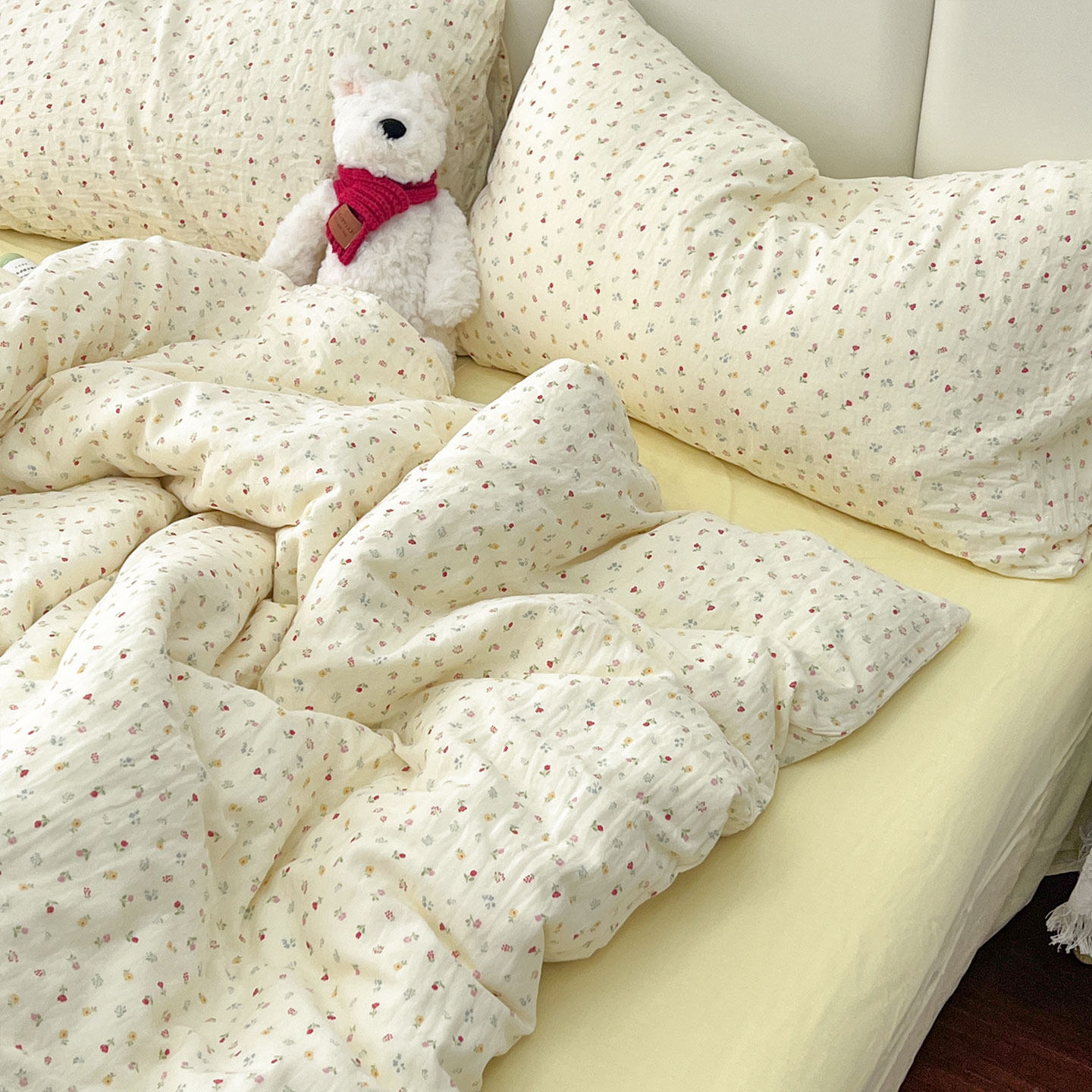 A类全棉纯棉双层纱四件套淡黄色春夏新款被套床单床笠床上用品4