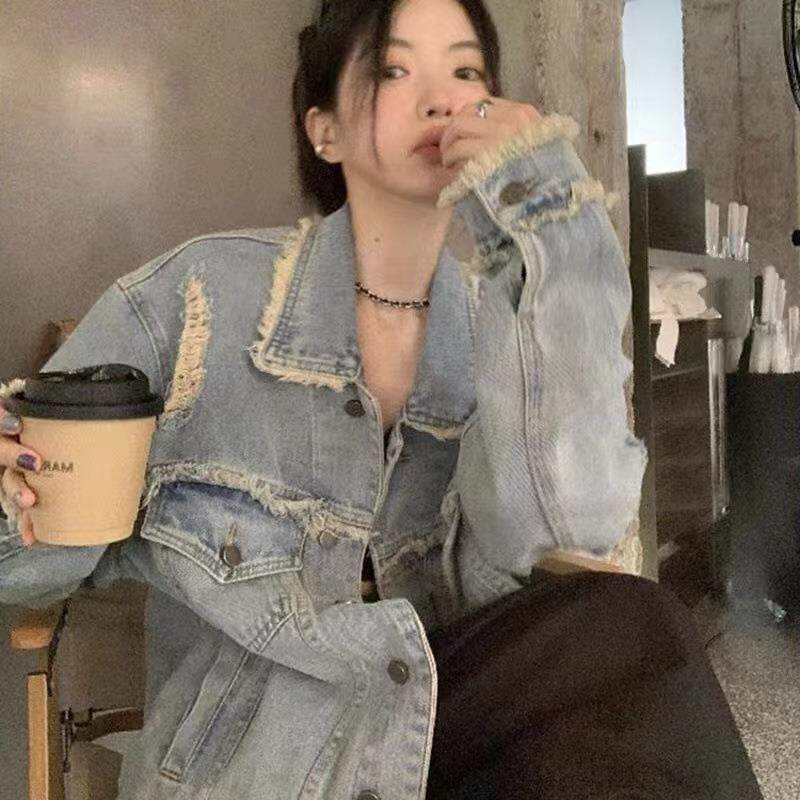 复古毛边做旧破洞牛仔外套女春秋短外套