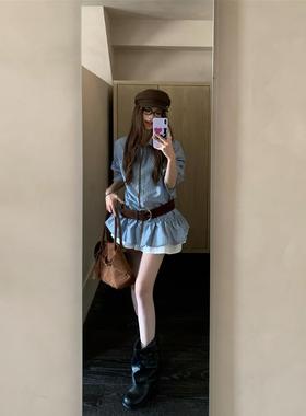 美式复古撞色条纹衬衫女装秋季宽松百搭别致蓝色长袖上衣chic衬衣