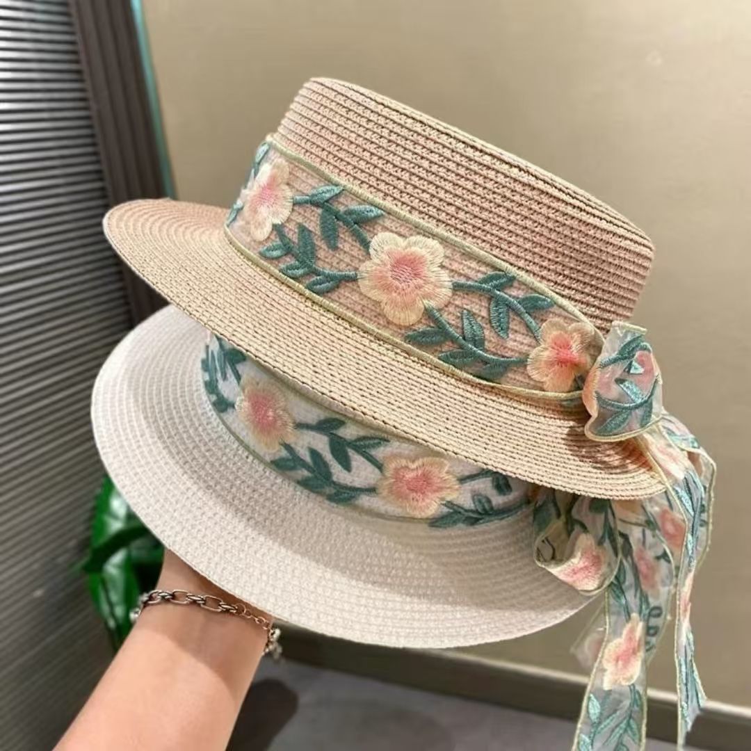 碎花平顶帽子潮流花朵蕾丝飘带草帽夏季小清新防晒遮阳帽户外沙滩