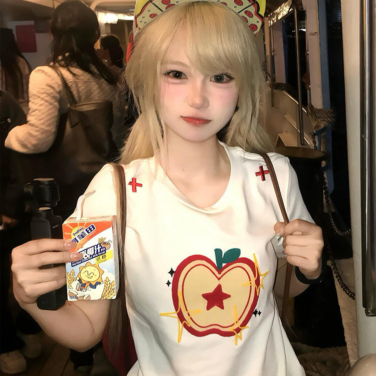 美式复古星星苹果图案设计短袖t恤女夏季新款甜辣风修身百搭上衣
