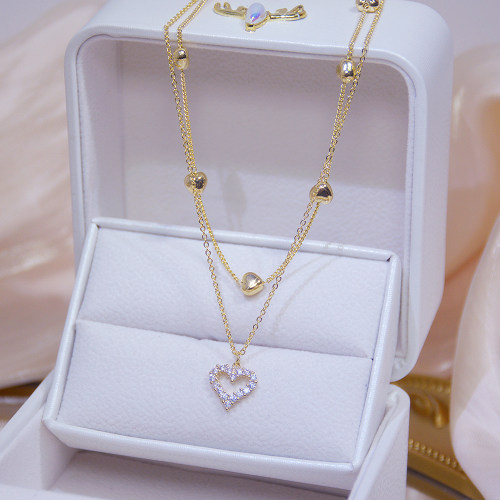 14k Real Gold Double layer Heart Necklace Shining Bling AAA