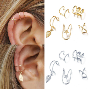 5Pcs/Set Ear Cuff Gold Leaves Non-Piercing Ear Clips Fake C