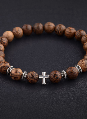 Hot Men Natural Wood Beads Cross Bracelets Onyx Meditation