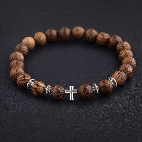 Hot Men Natural Wood Beads Cross Bracelets Onyx Meditation