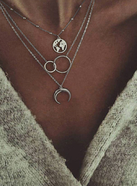 Tocona Boho Silver Color Circle Map Horns Pendant Necklace