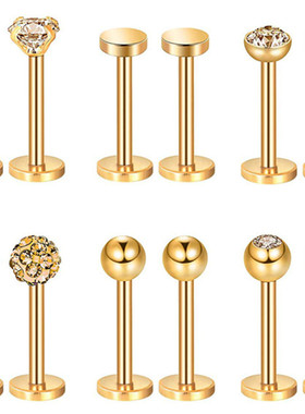 12PCS Stainless Steel Labret Piercing 16G Lip Ring Crystal
